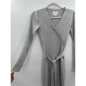 Pink Rose Womens XS Maxi Dress Gray Ribbed Sweater Knit V-Neck Tie Waist Minimal